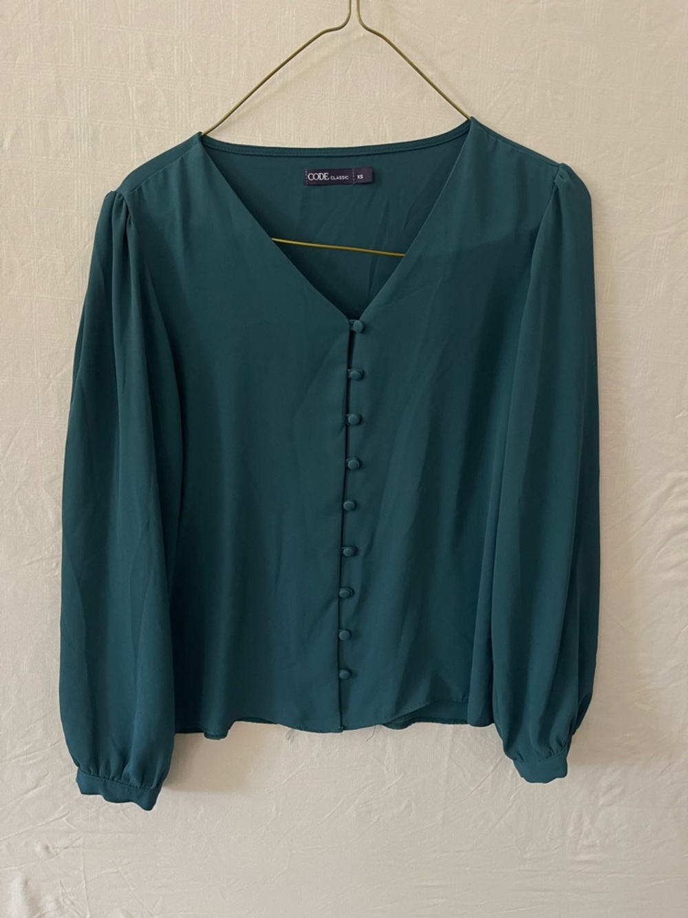 Classic Dark Green V-Neck Buttoned Balloon Sleeve Blouse